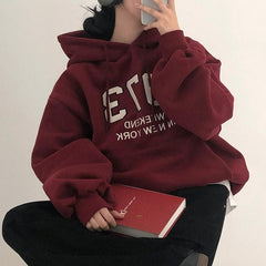 Vintage Solid Color Letter Embroidered Hoodie