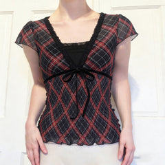 2000s Mesh Lace Trim V-Neck Top – Plaid Faux Two-Piece Smocked Ruffle Tee S–L