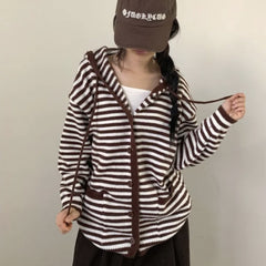 Vintage Striped Loose Hooded Knitted Cardigan
