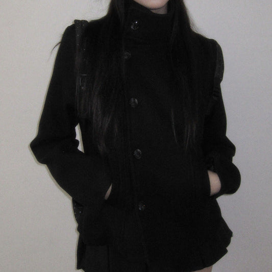 Black Woolen Coat – Slim Fit Faux Fur Collar Asymmetric Feifei Sleeve Coat