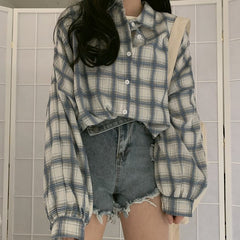 Checkered Puff Sleeve Button Blouse