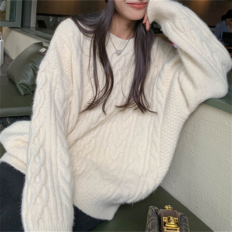 Solid Color Cable Knit Pullover Sweater - fairypeony