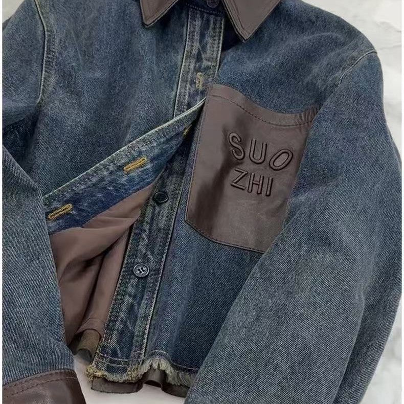 Designer Leather Accent Denim Jacket