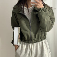 Vintage Solid Color Crop Zip Up Jacket