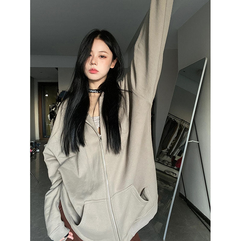 Solid Zip Up Oversized Hoodie - fairypeony