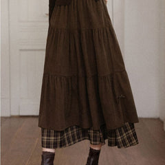 Woolen Corduroy Patchwork Plaid High-Waist A-Line Long Skirt Dress