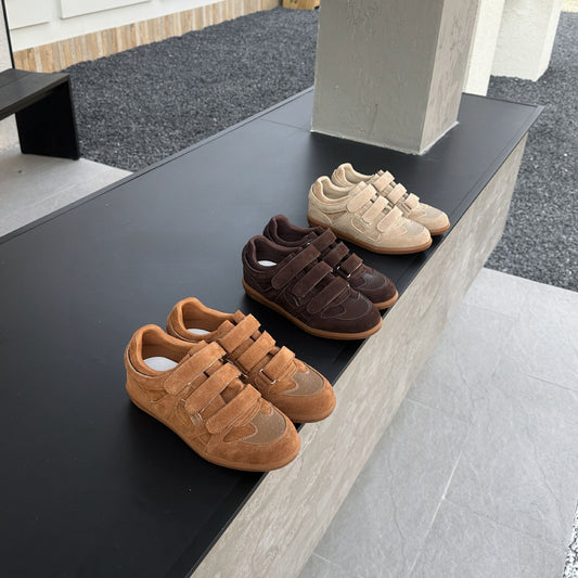 Genuine Leather Retro Velcro Training Shoes – Triple Strap Suede Trainers