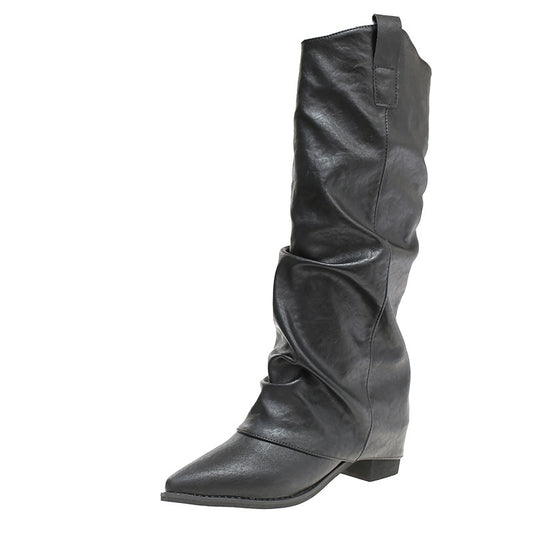Pointed Toe Knee-High Boots – Chunky Heel Wide Calf Pull-On - fairypeony