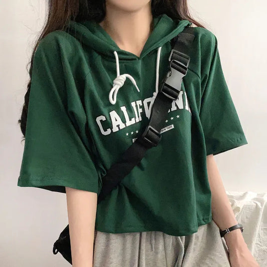 Embroidered Letter Short Sleeve Hooded Tee