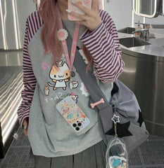 Cartoon Print Striped Long Sleeve Tee
