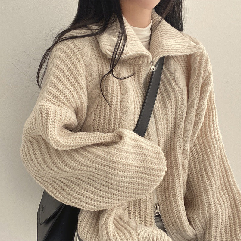 Cable Knit Oversized Zip Up Cardigan - fairypeony