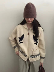 Korean Style Heavy Industry Cartoon Dolphin Lapel Zipper Knitted Cardigan