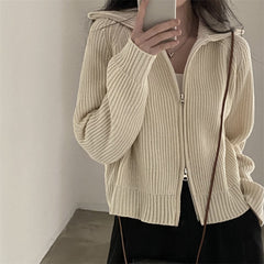 Solid Color Knitted Zip Up Oversized Cardigan