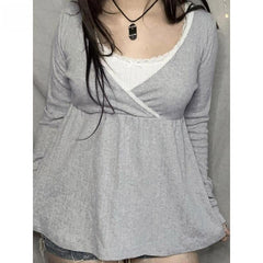 2000s Lace Patchwork Cross-Collar Babydoll Top – Wrap V-Neck in White Gray Black S–L
