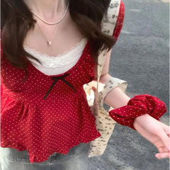 Polka Dot Bow Patchwork Short Sleeve Tee