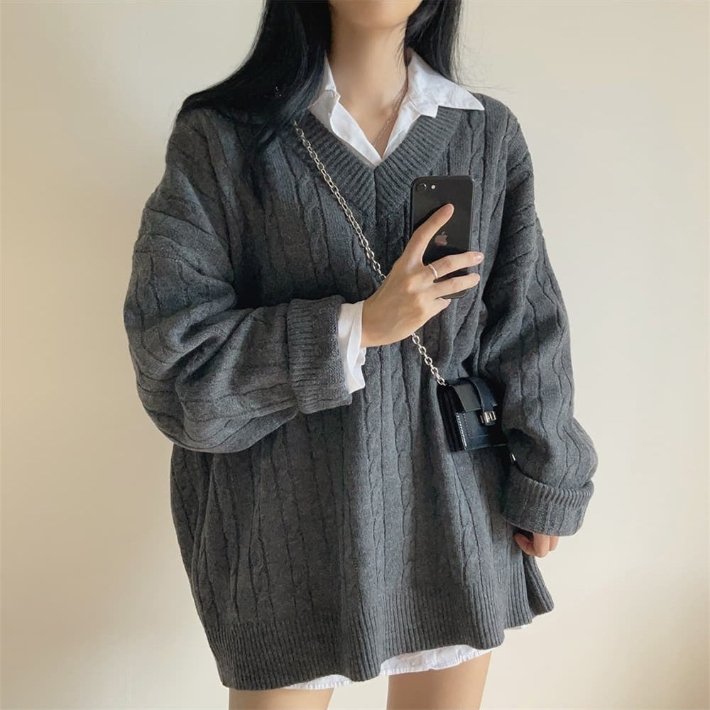 V-neck Mid-length Sweater Thick Long-sleeved Knitted Top