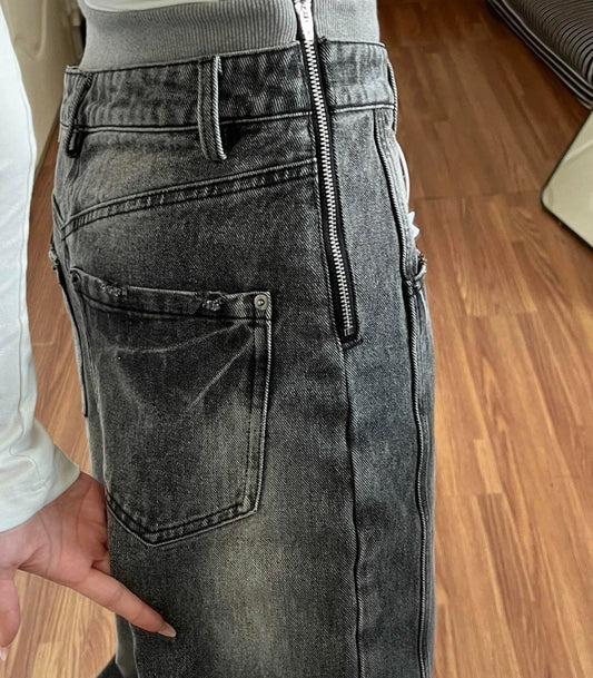 Vintage washed double-waistband wide-leg jeans in grey, side zip detail