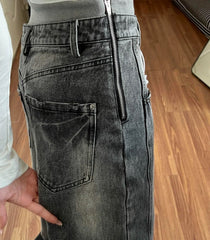 Vintage washed double-waistband wide-leg jeans in grey, side zip detail