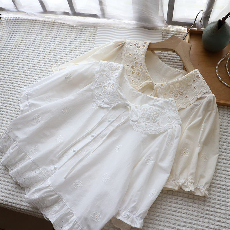 Aesthetic Doll Collar Jacquard Short Sleeve Blouse - fairypeony