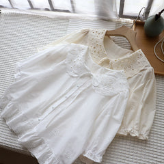 Aesthetic Doll Collar Jacquard Short Sleeve Blouse - fairypeony