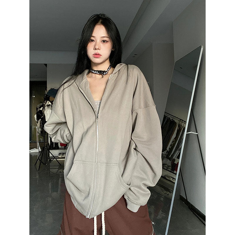 Solid Zip Up Oversized Hoodie - fairypeony