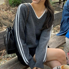 Minimalist V-Neck Striped Sleeve Sweater