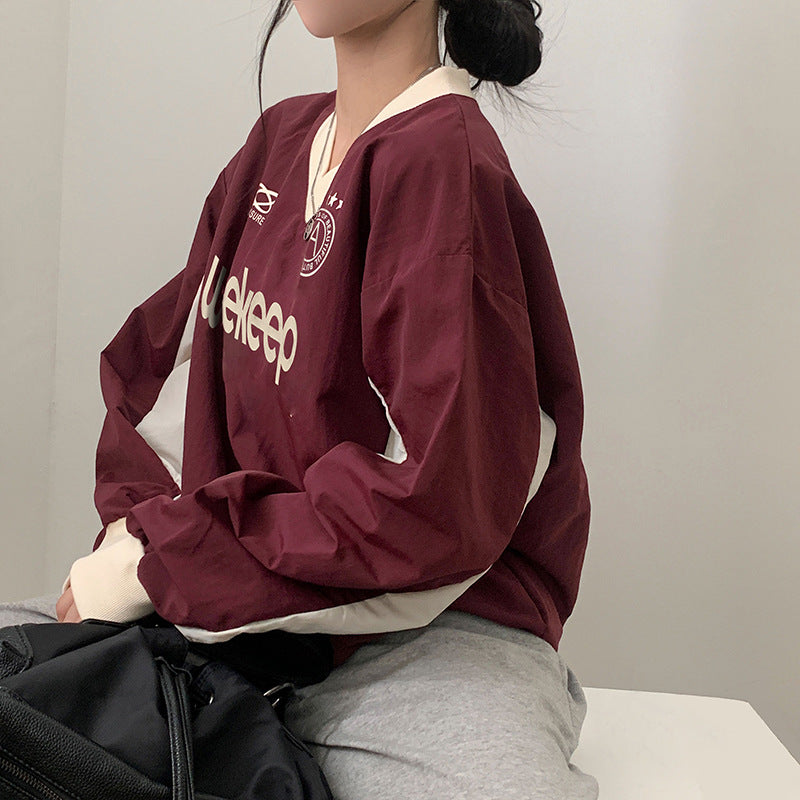 Preppy Contrast Color Letter Print V Neck Sweatshirt - fairypeony