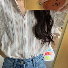 Colorful Stripe Print Button Up Long Sleeve Shirt - fairypeony