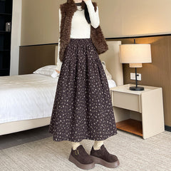 Floral Print Brushed Woolen Long Swing Skirt Midi Length