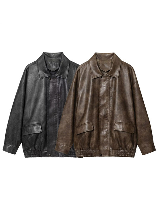 Basic PU Mid-Length Leather Jacket – Lapel Loose Fit Geometric Zip-Up Coat