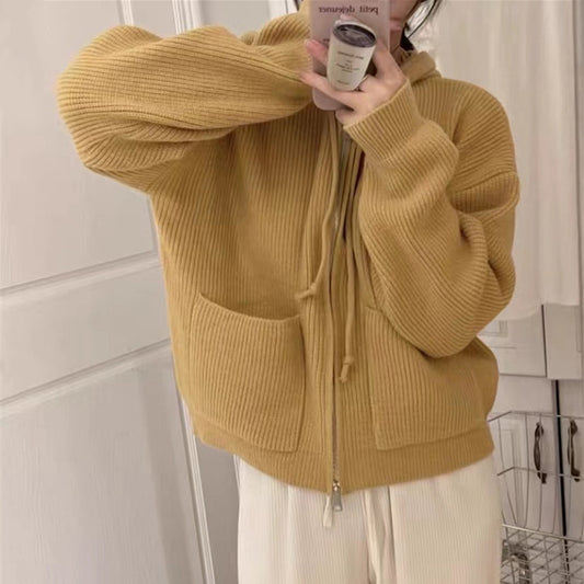 Solid Hooded Zip Up Knit Cardigan