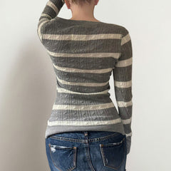 Womens Striped Cable-Knit Square-Neck Sweater