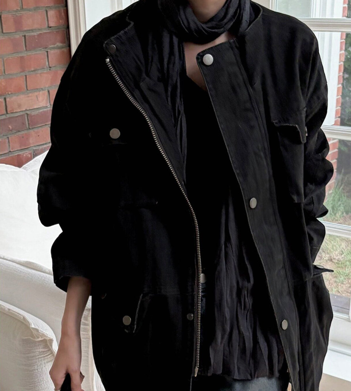 Retro distressed multi-pocket workwear trench coat in Black