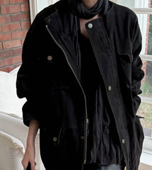 Retro distressed multi-pocket workwear trench coat in Black