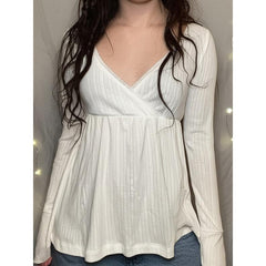 2000s Lace Patchwork Cross-Collar Babydoll Top – Wrap V-Neck in White Gray Black S–L