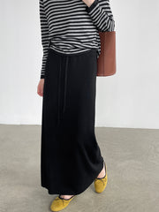 Elastic Waist Knitted Wool Blend Straight Midi Dress – Warm Drawstring Skirt Dress