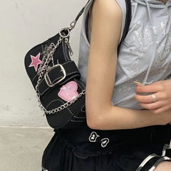 Butterfly Chain Detail Star Buckled Denim Shoulder Bag - fairypeony