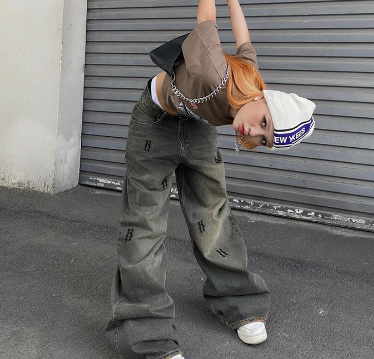 Hip Pop Low Waist Letter Print Boyfriend Jeans - fairypeony