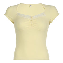 Aesthetic Lace Trim Front Button Short Sleeve Tee