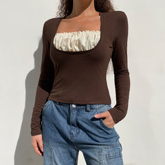 Solid Color Patchwork Long Sleeve Tee