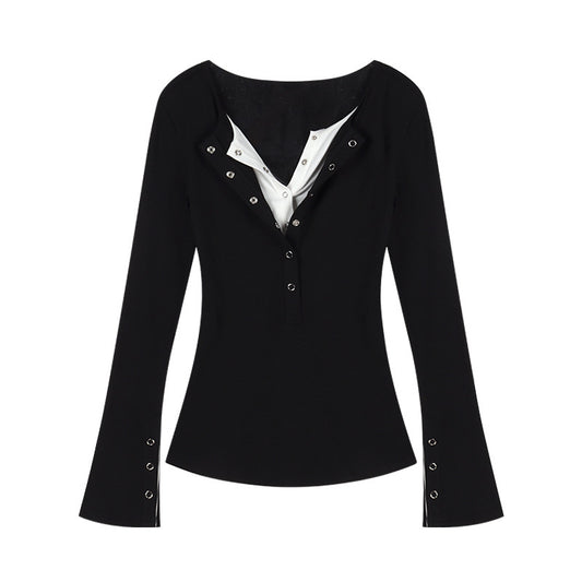 Solid Color Fake Two Pieces Long Sleeve Tee