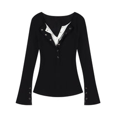 Solid Color Fake Two Pieces Long Sleeve Tee