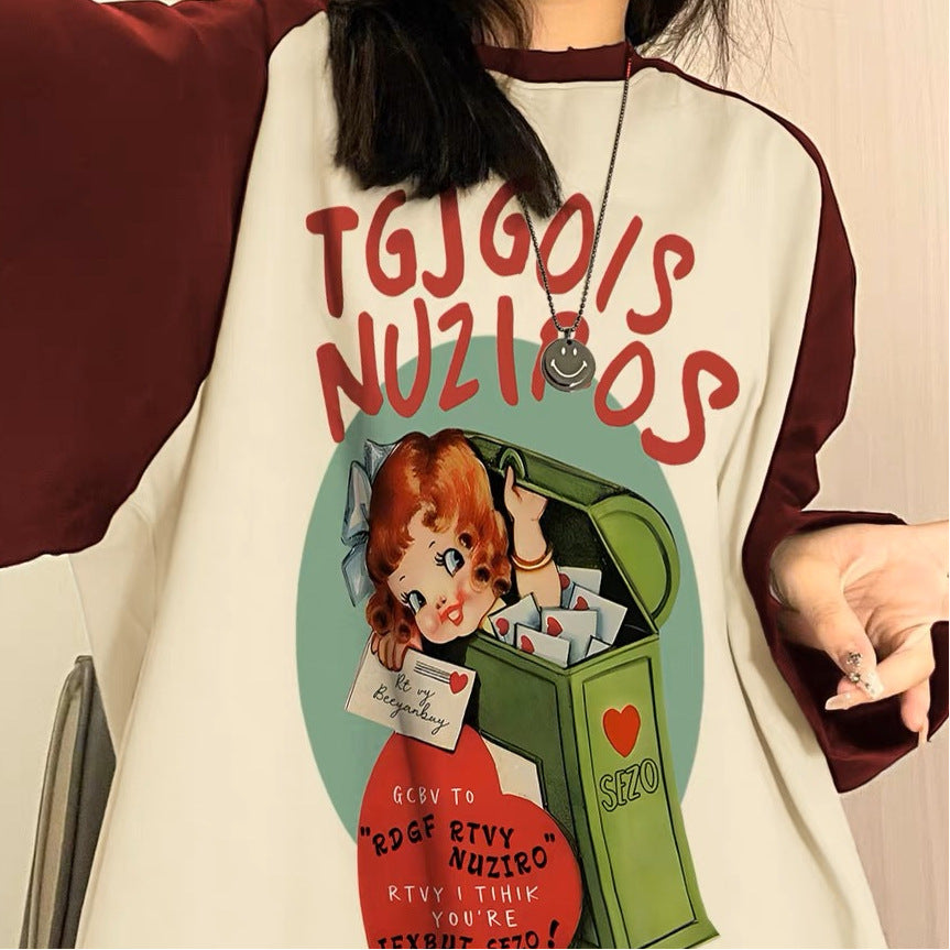 Cartoon Print Raglan Sleeve Oversized Tee - fairypeony