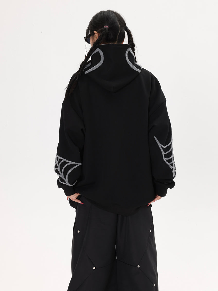 Embroidery Punk Spider Zip Up Hoodie - fairypeony