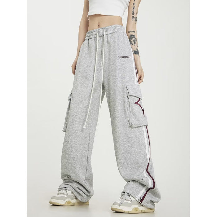 Big Pocket Stripe Drawstring Cargo Sweatpants - fairypeony