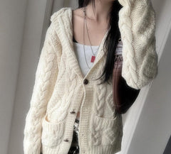 Twist-knit hooded cardigan in White, worn open