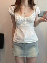 U Neck Puff Sleeve Short Sleeve Blouse