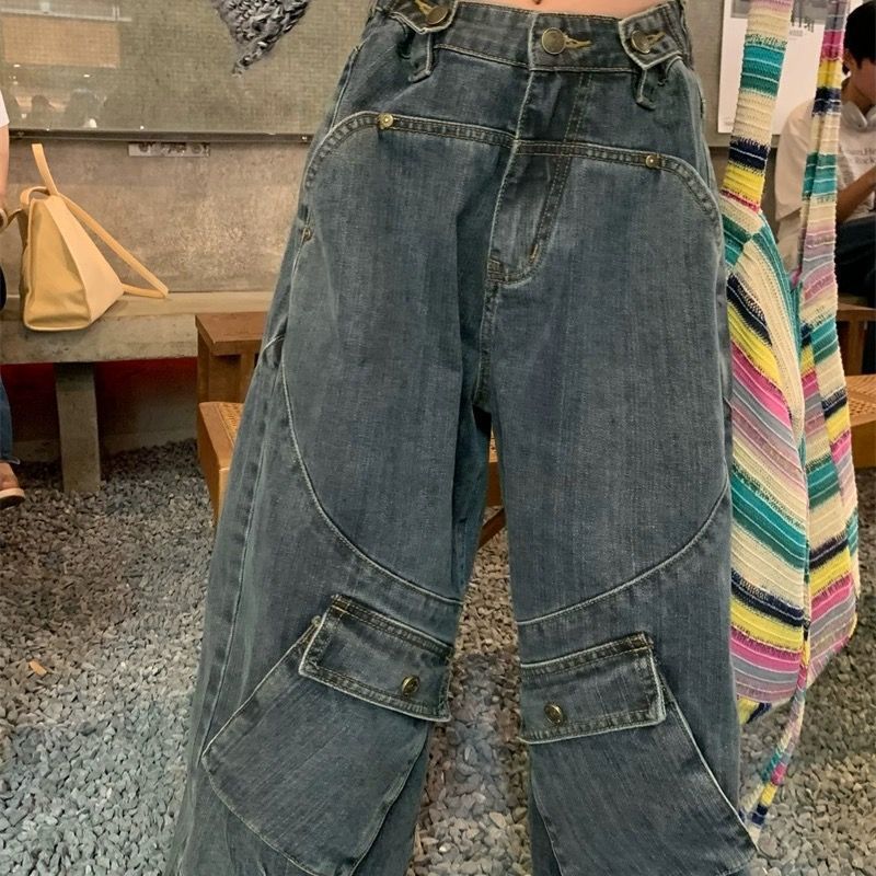 Washed Irregular Pocket Splice Cargo Jeans - fairypeony