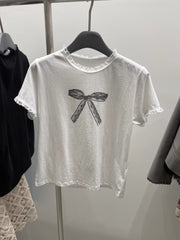 Lace Trim Bow Print Short Sleeve Tee