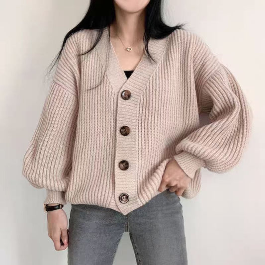 Solid Color V-Neck Casual Oversized Cardigan